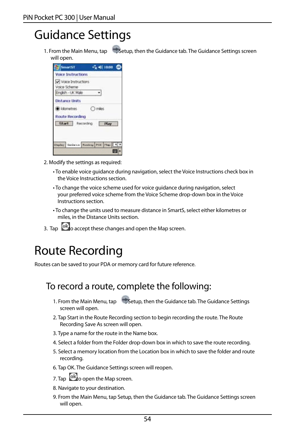 Guidance settings, Route recording | Navman SmartS TM User Manual | Page 54 / 69