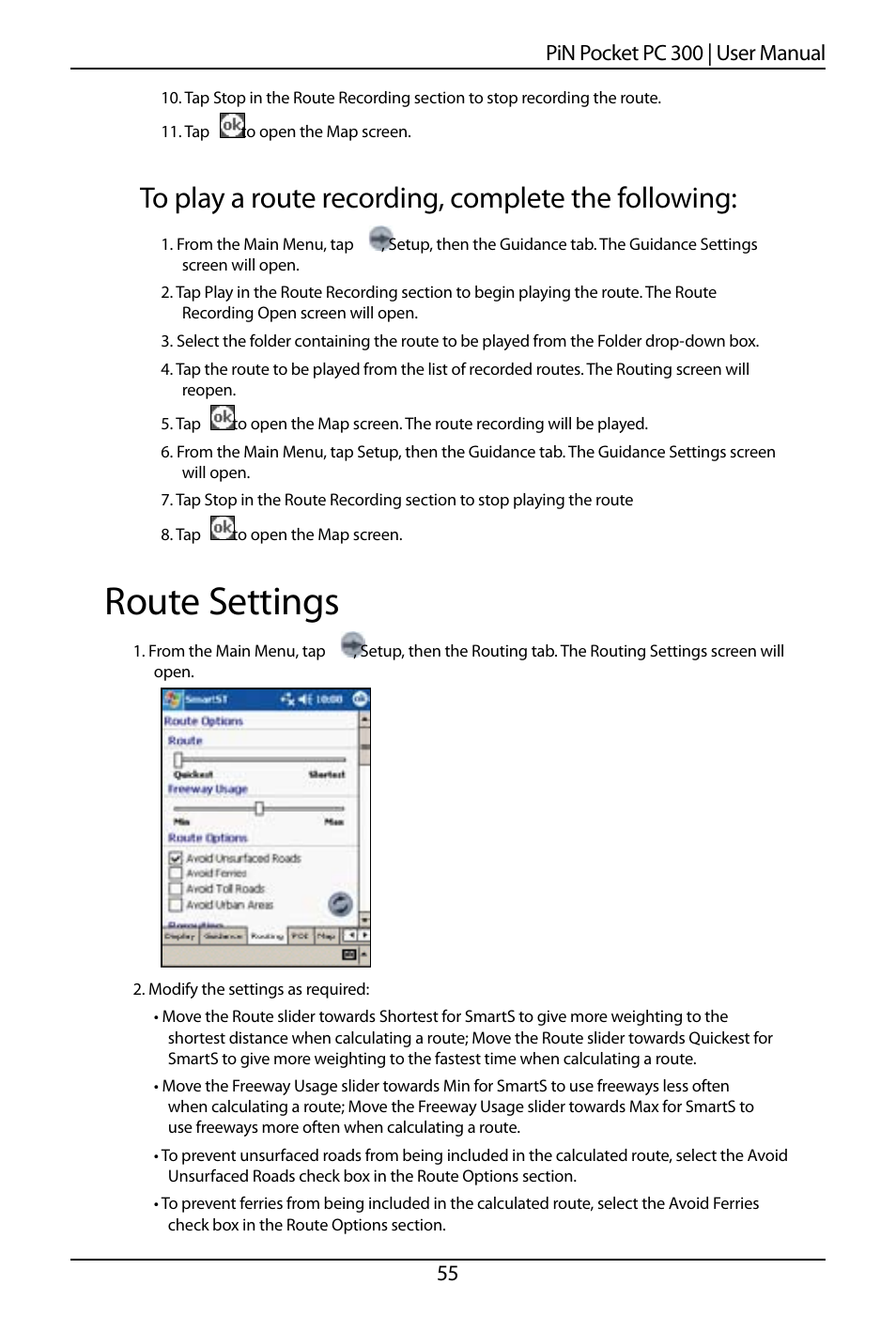 Route settings, 55 pin pocket pc 00 | user manual | Navman SmartS TM User Manual | Page 55 / 69