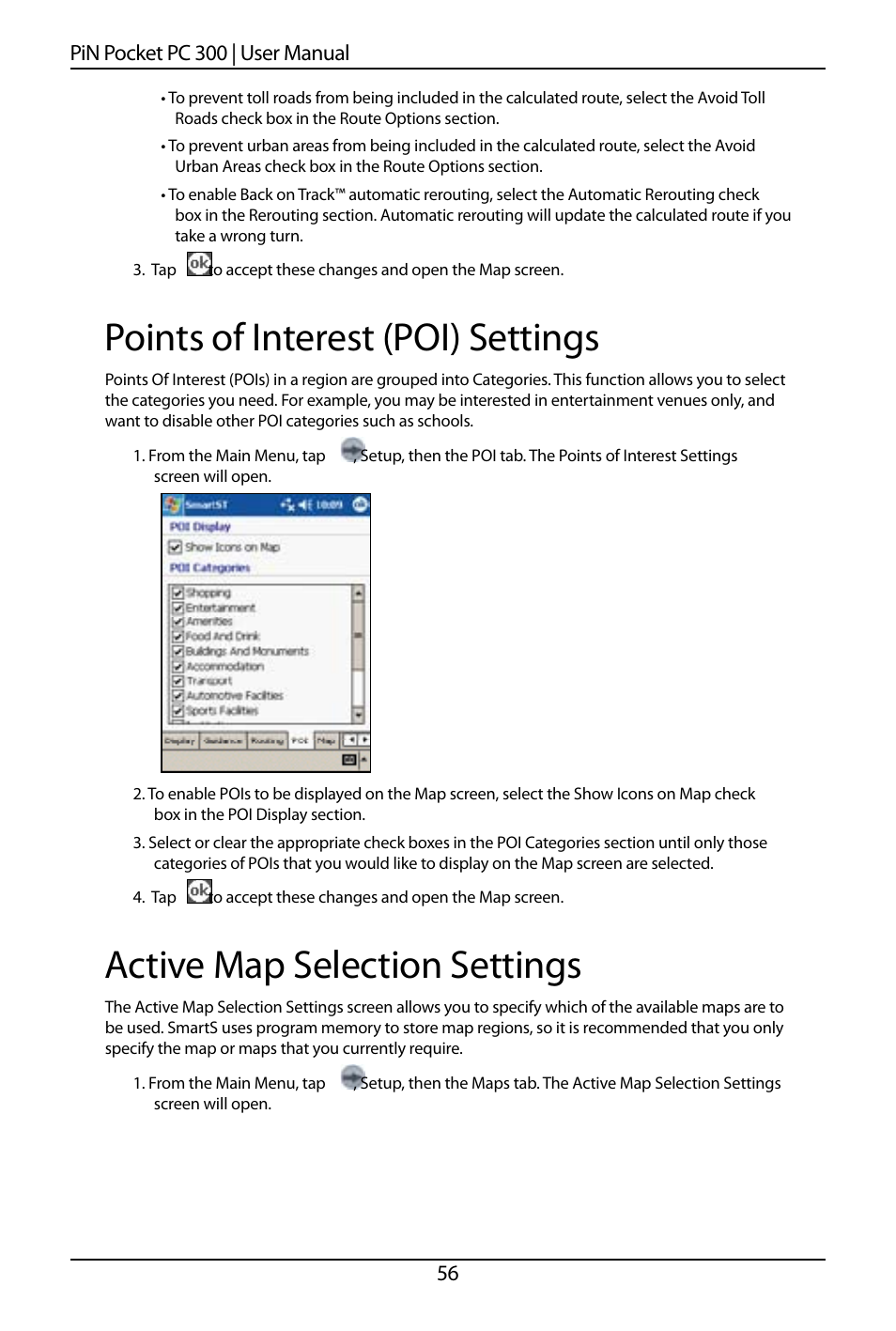 Points of interest (poi) settings, Active map selection settings | Navman SmartS TM User Manual | Page 56 / 69