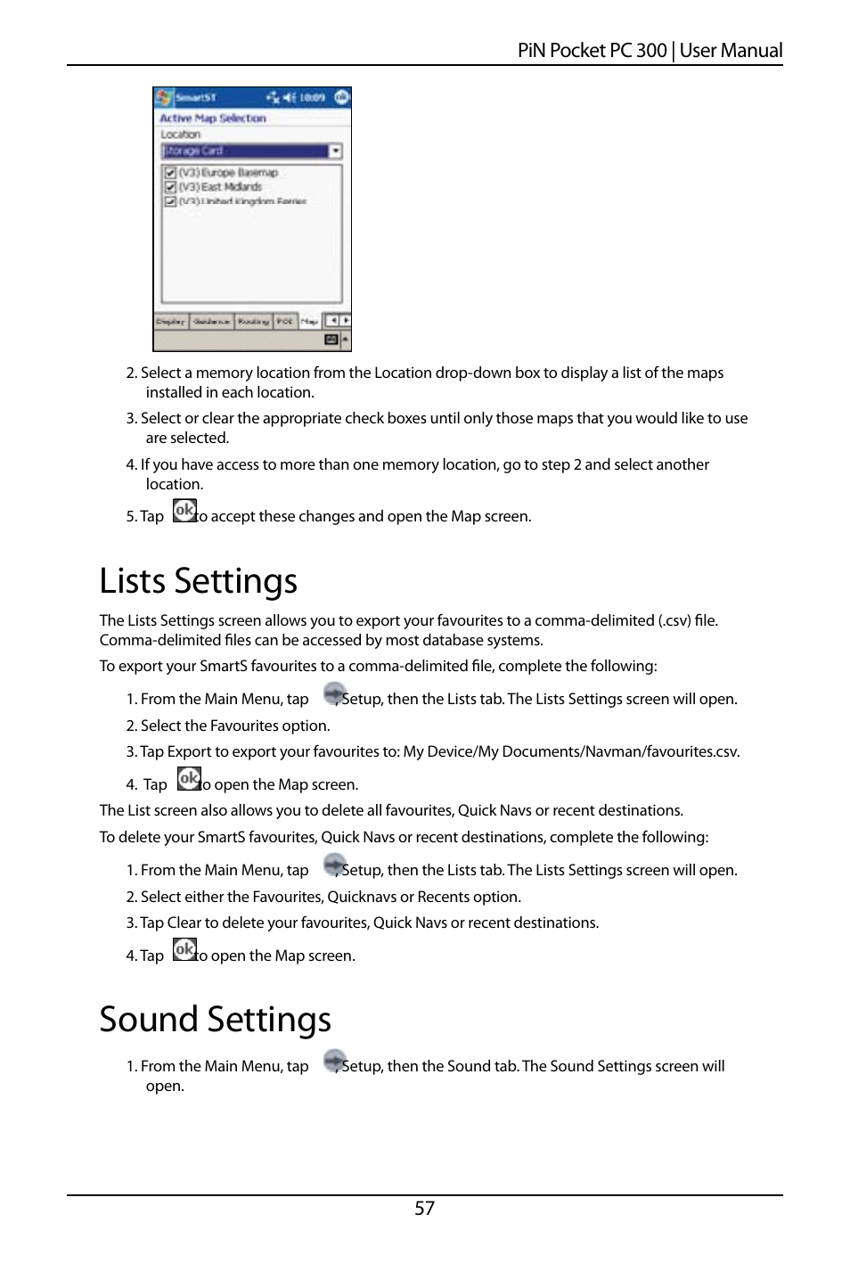 Lists settings, Sound settings | Navman SmartS TM User Manual | Page 57 / 69