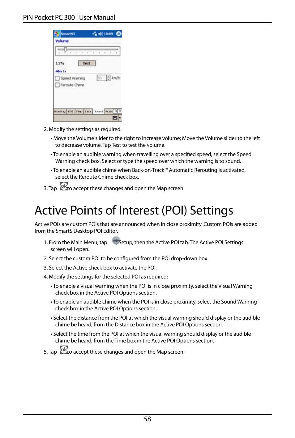 Active points of interest (poi) settings, 58 pin pocket pc 00 | user manual | Navman SmartS TM User Manual | Page 58 / 69