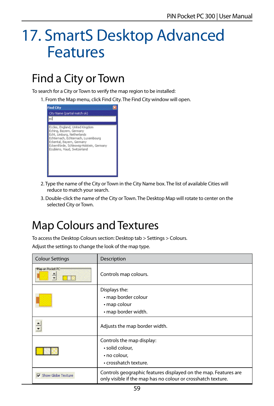 Smarts desktop advanced features, Find a city or town, Map colours and textures | Navman SmartS TM User Manual | Page 59 / 69