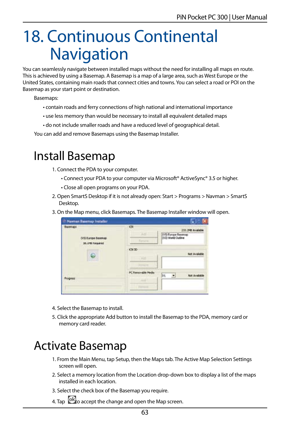 Continuous continental navigation, Install basemap, Activate basemap | Navman SmartS TM User Manual | Page 63 / 69