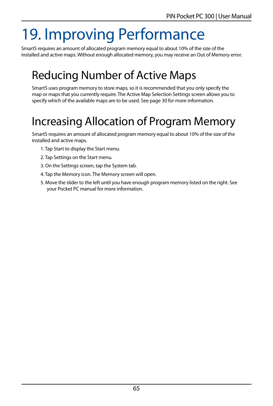 Improving performance, Reducing number of active maps | Navman SmartS TM User Manual | Page 65 / 69