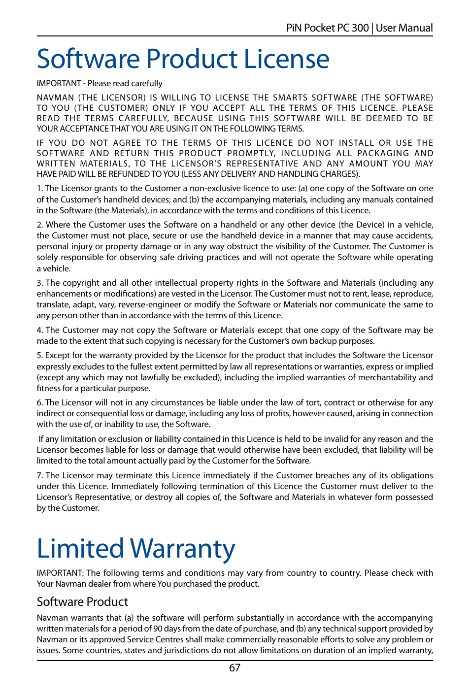 Software product license, Limited warranty, Software product | Navman SmartS TM User Manual | Page 67 / 69