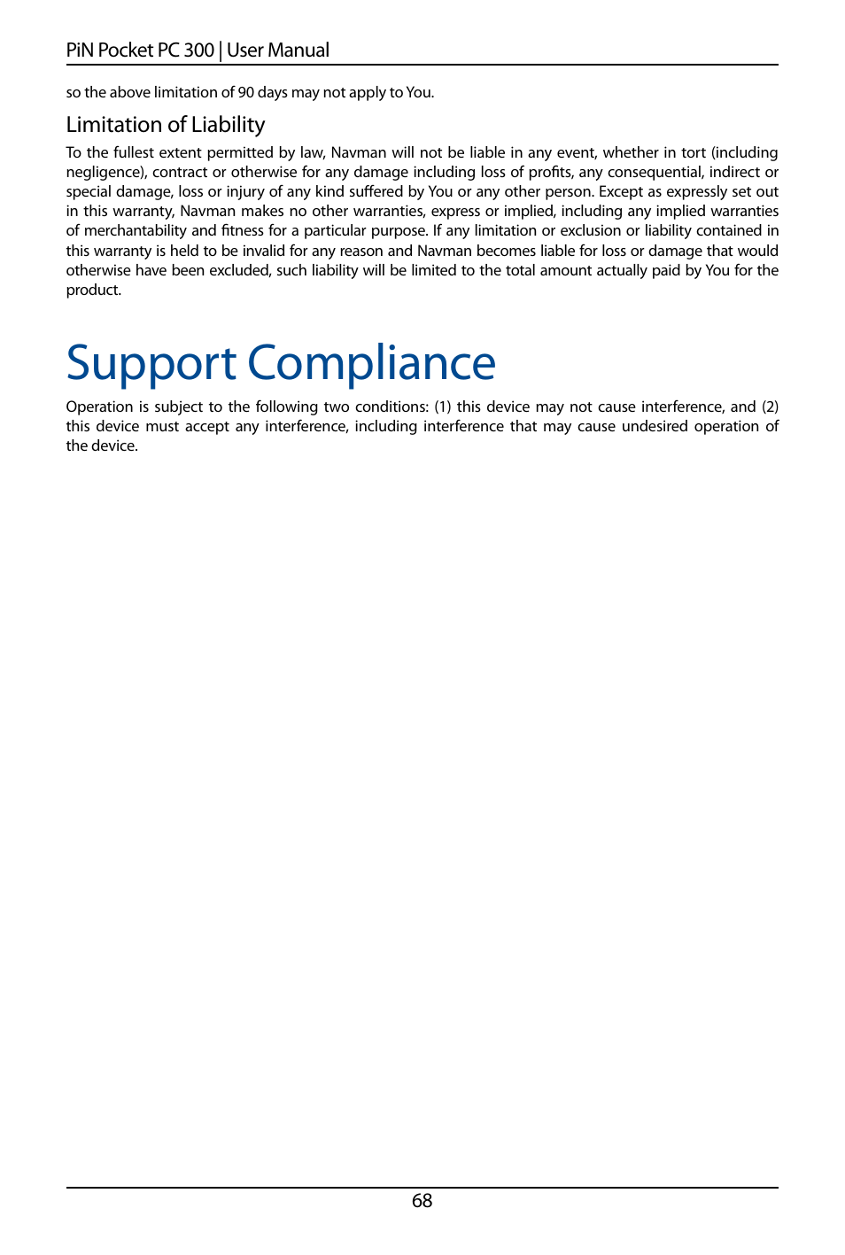 Support compliance, Limitation of liability | Navman SmartS TM User Manual | Page 68 / 69