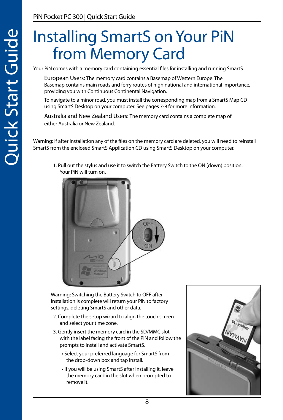 Quick s ta rt guide | Navman SmartS TM User Manual | Page 8 / 69