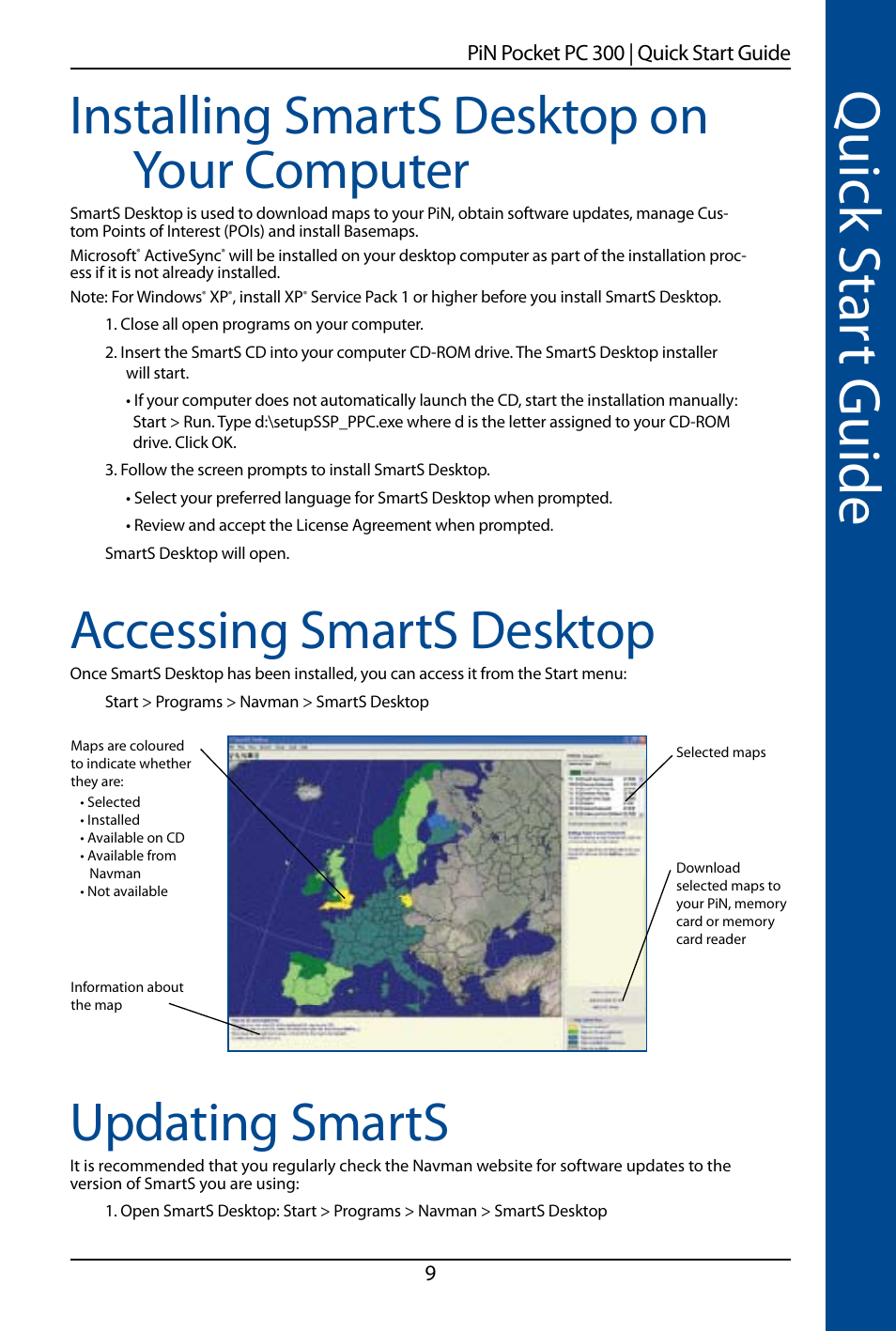 Quick s ta rt guide, Installing smarts desktop on your computer, Accessing smarts desktop | Updating smarts | Navman SmartS TM User Manual | Page 9 / 69