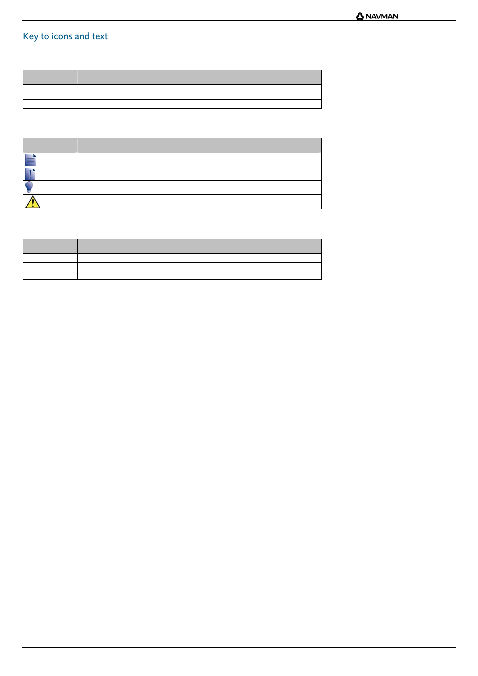 Key to icons and text, Convention type of information, Icon description | Term description | Navman F20 User Manual | Page 3 / 10
