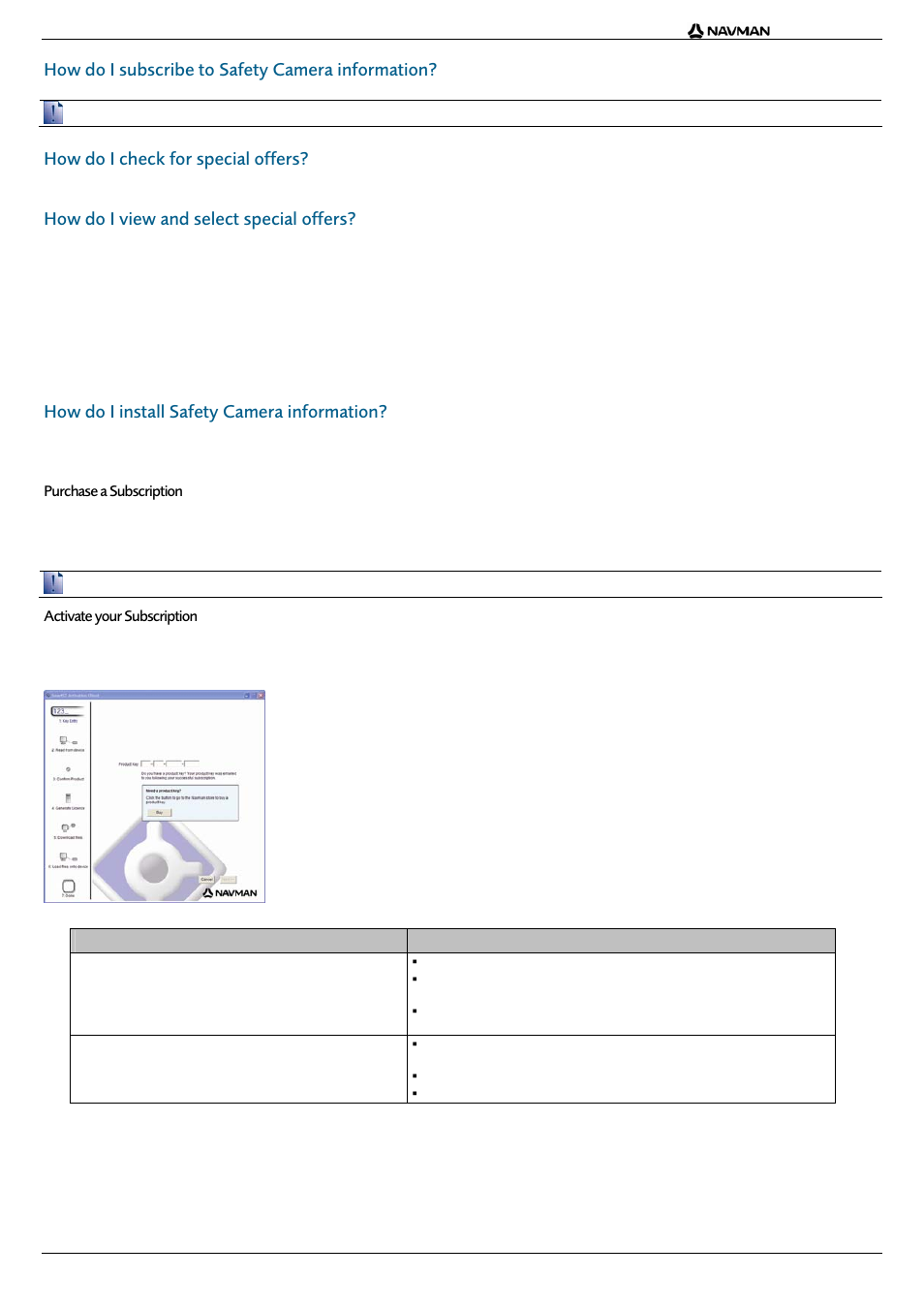 How do i subscribe to safety camera information, How do i check for special offers, How do i view and select special offers | How do i install safety camera information, Purchase a subscription, Activate your subscription, If you ... then | Navman F20 User Manual | Page 5 / 10