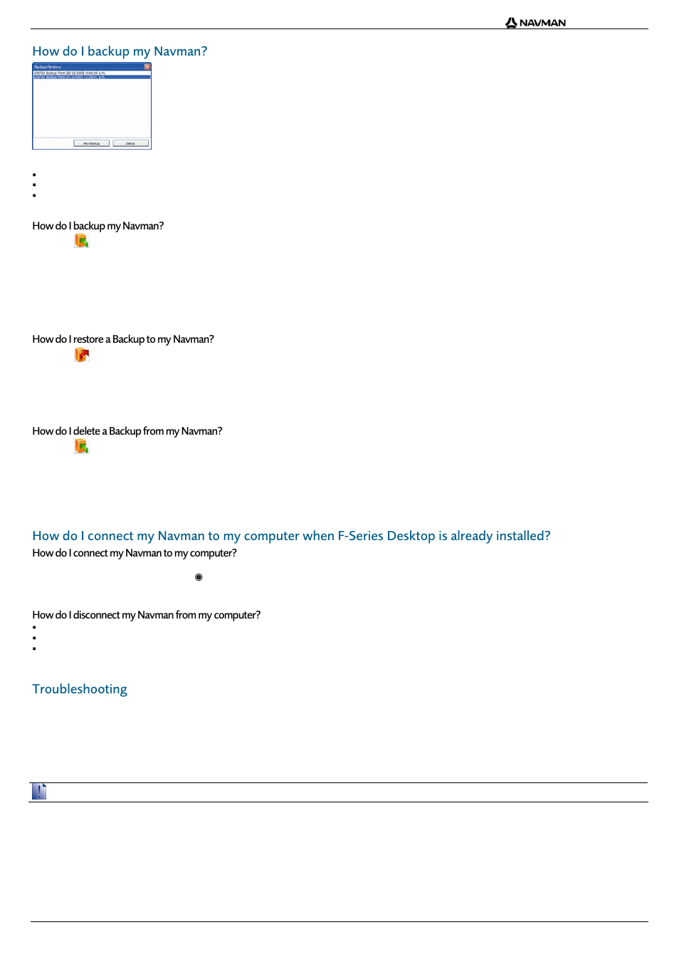 How do i backup my navman, How do i restore a backup to my navman, How do i delete a backup from my navman | How do i connect my navman to my computer, How do i disconnect my navman from my computer, Troubleshooting | Navman F20 User Manual | Page 9 / 10