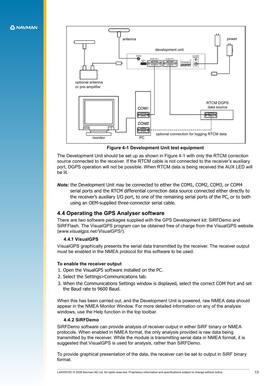 4 operating the gps analyser software, 1 visualgps, 2 sirfdemo | Figure 4-1 development unit test equipment | Navman LA000507 User Manual | Page 13 / 16