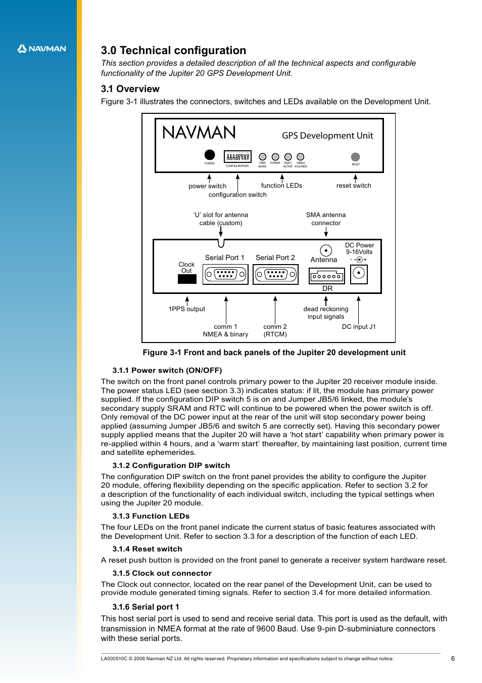 0 technical configuration, 1 overview, 1 power switch (on/off) | 2 configuration dip switch, 3 function leds, 4 reset switch, 5 clock out connector, 6 serial port 1 | Navman LA000507 User Manual | Page 6 / 16