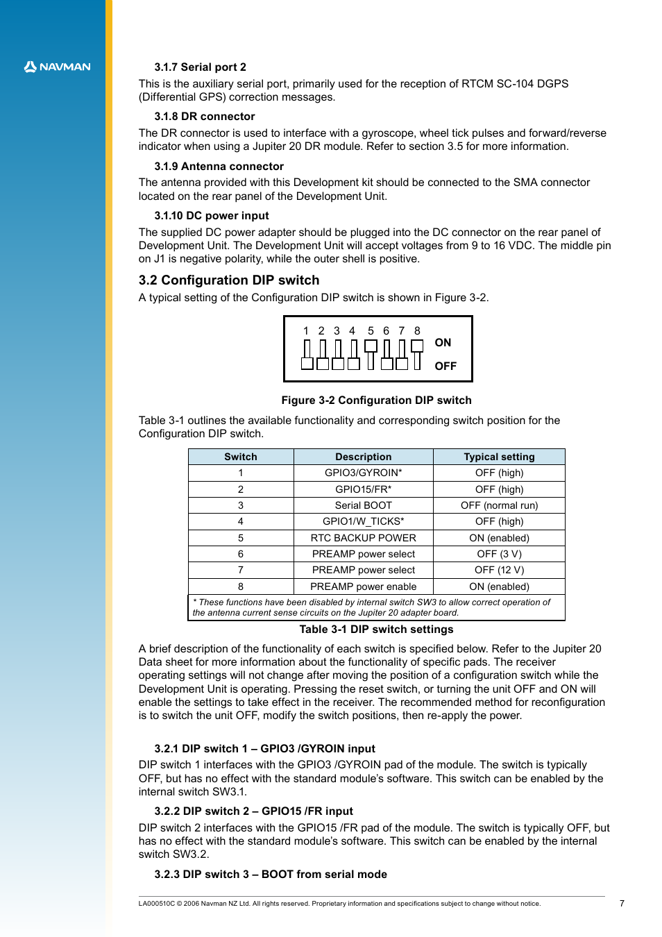 7 serial port 2, 8 dr connector, 9 antenna connector | 10 dc power input, 2 configuration dip switch, 1 dip switch 1 – gpio3 /gyroin input, 2 dip switch 2 – gpio15 /fr input, 3 dip switch 3 – boot from serial mode, Figure 3-2 configuration dip switch, Table 3-1 dip switch settings | Navman LA000507 User Manual | Page 7 / 16