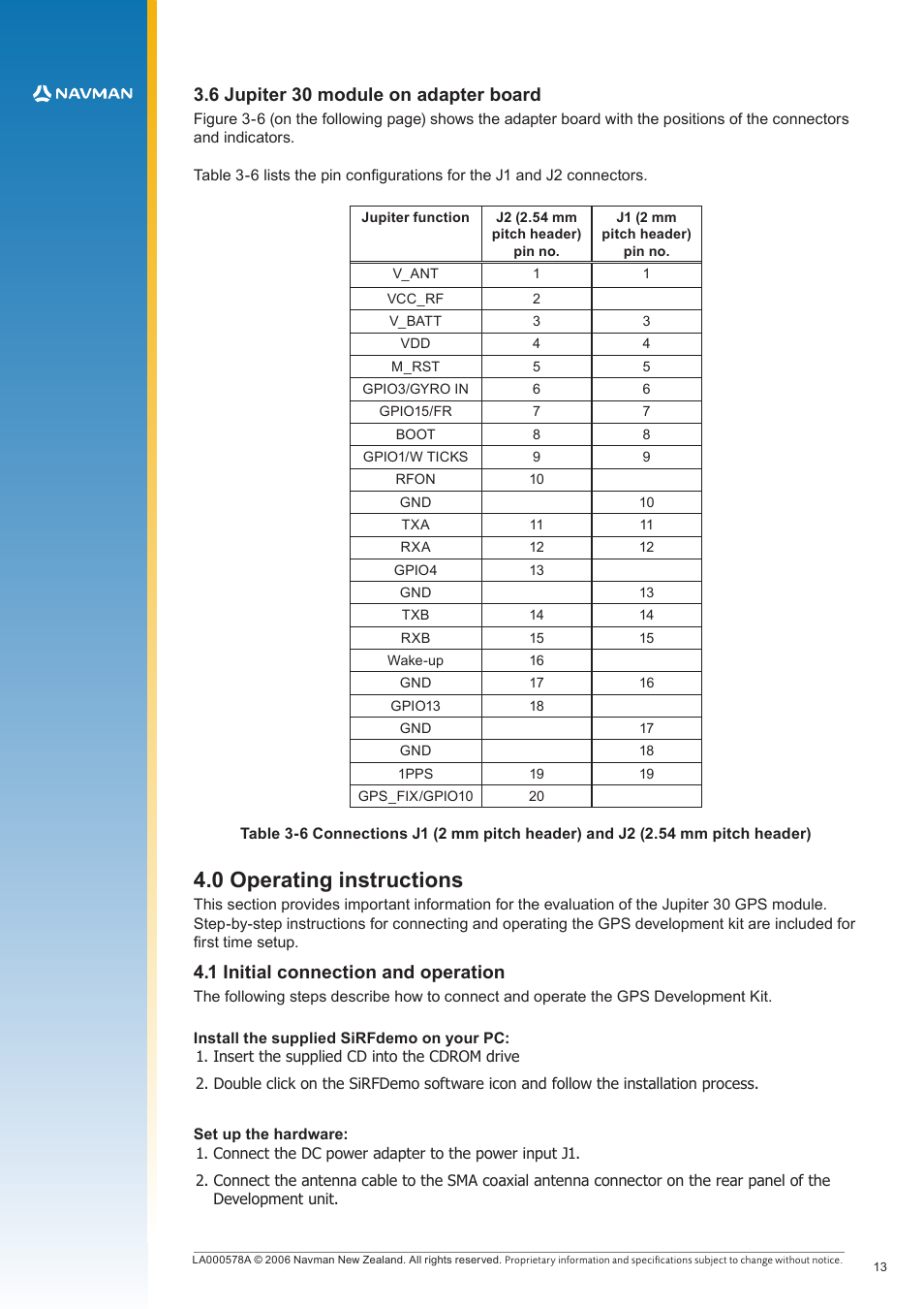 0 operating instructions, 6 jupiter 30 module on adapter board, 1 initial connection and operation | Navman LA000578A User Manual | Page 13 / 17