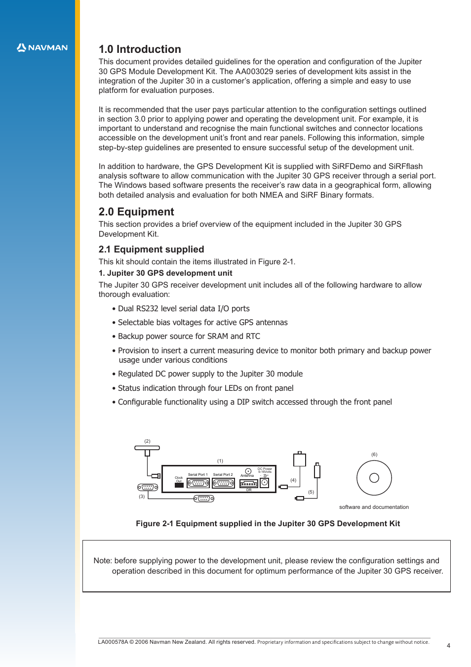 0 introduction, 0 equipment, 1 equipment supplied | Navman LA000578A User Manual | Page 4 / 17