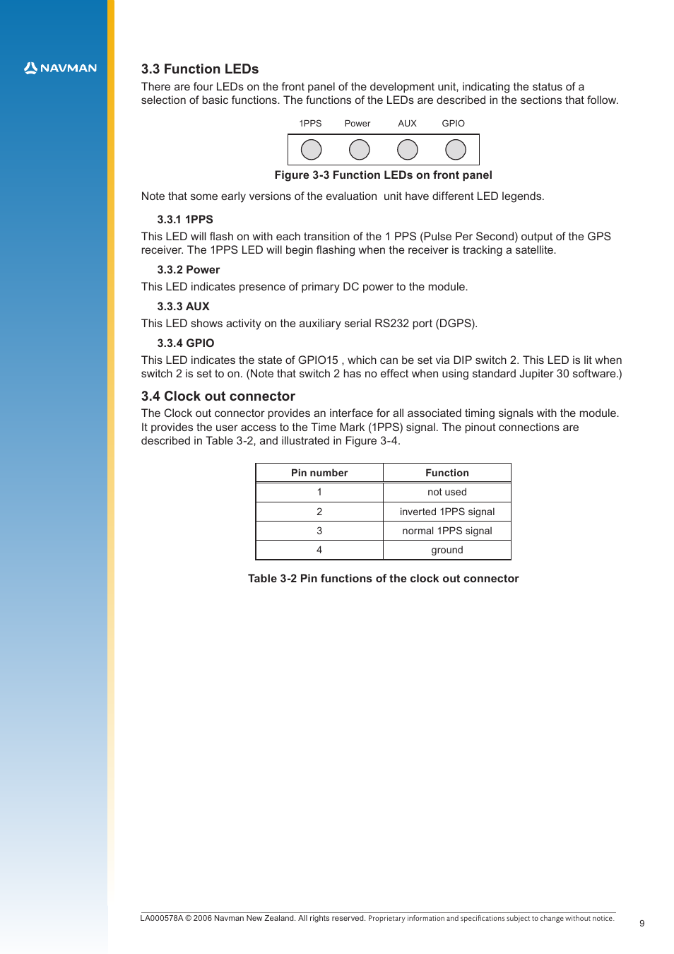 3 function leds, 4 clock out connector | Navman LA000578A User Manual | Page 9 / 17