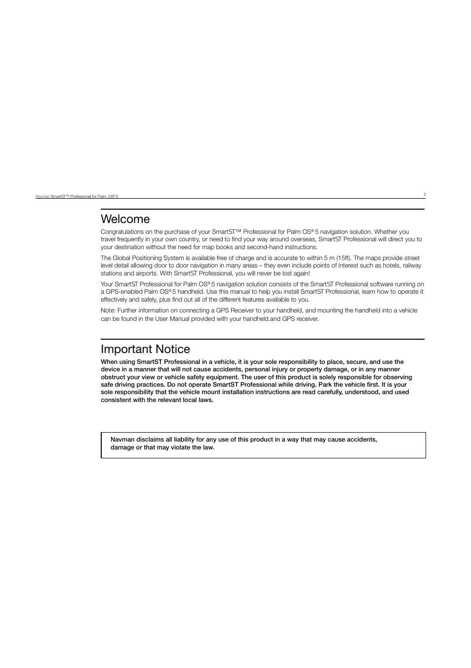 Welcome, Important notice | Navman SmartST Professional User Manual | Page 2 / 60