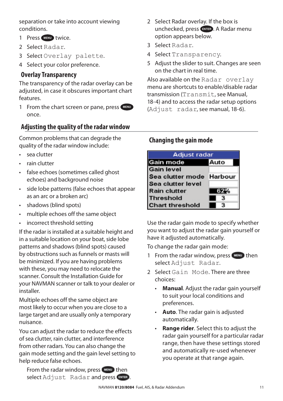 Overlay transparency, Adjusting the quality of the radar window, Changing the gain mode | Navman 8120 User Manual | Page 11 / 21