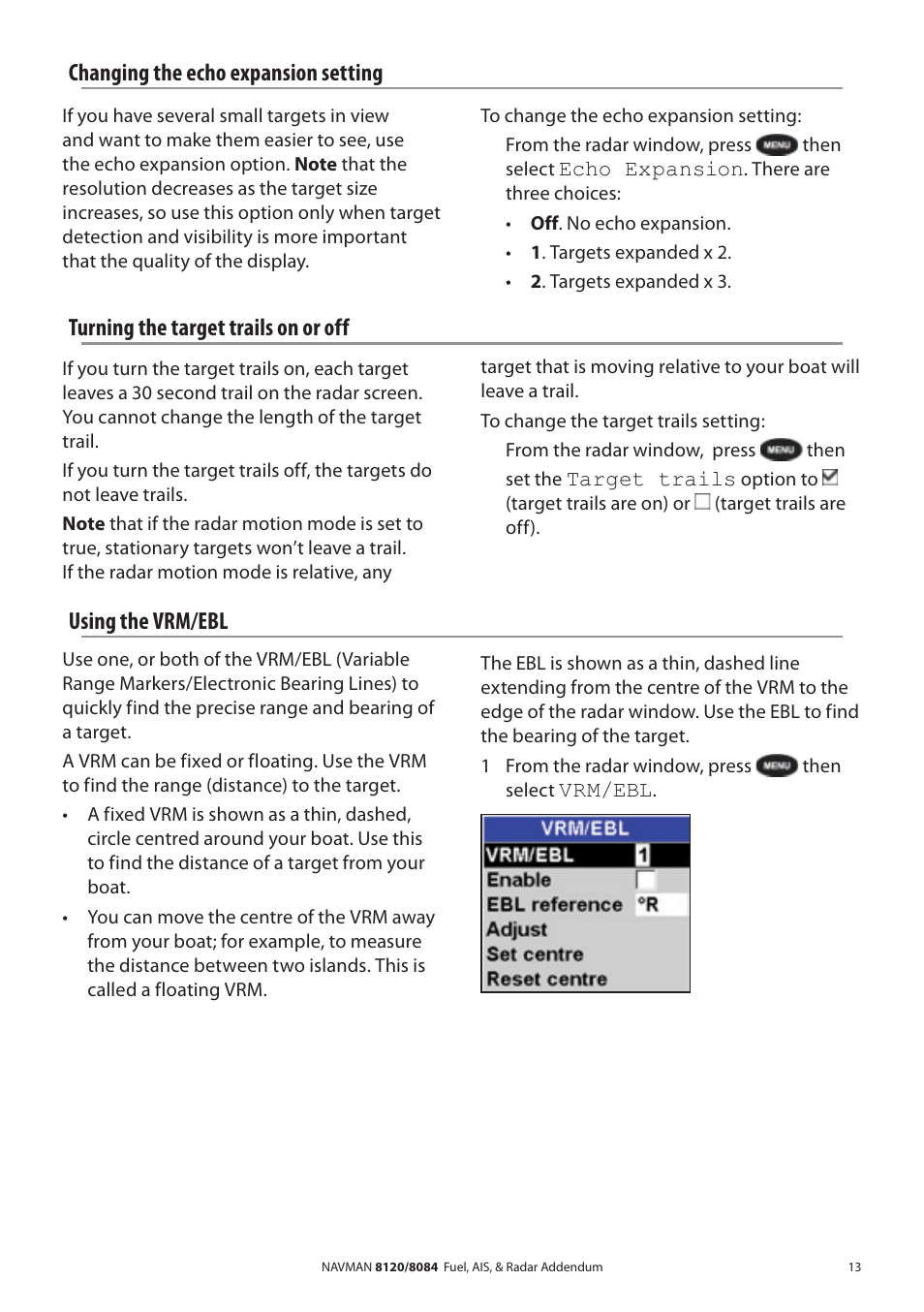 Changing the echo expansion setting, Turning the target trails on or off, Using the vrm/ebl | Navman 8120 User Manual | Page 13 / 21