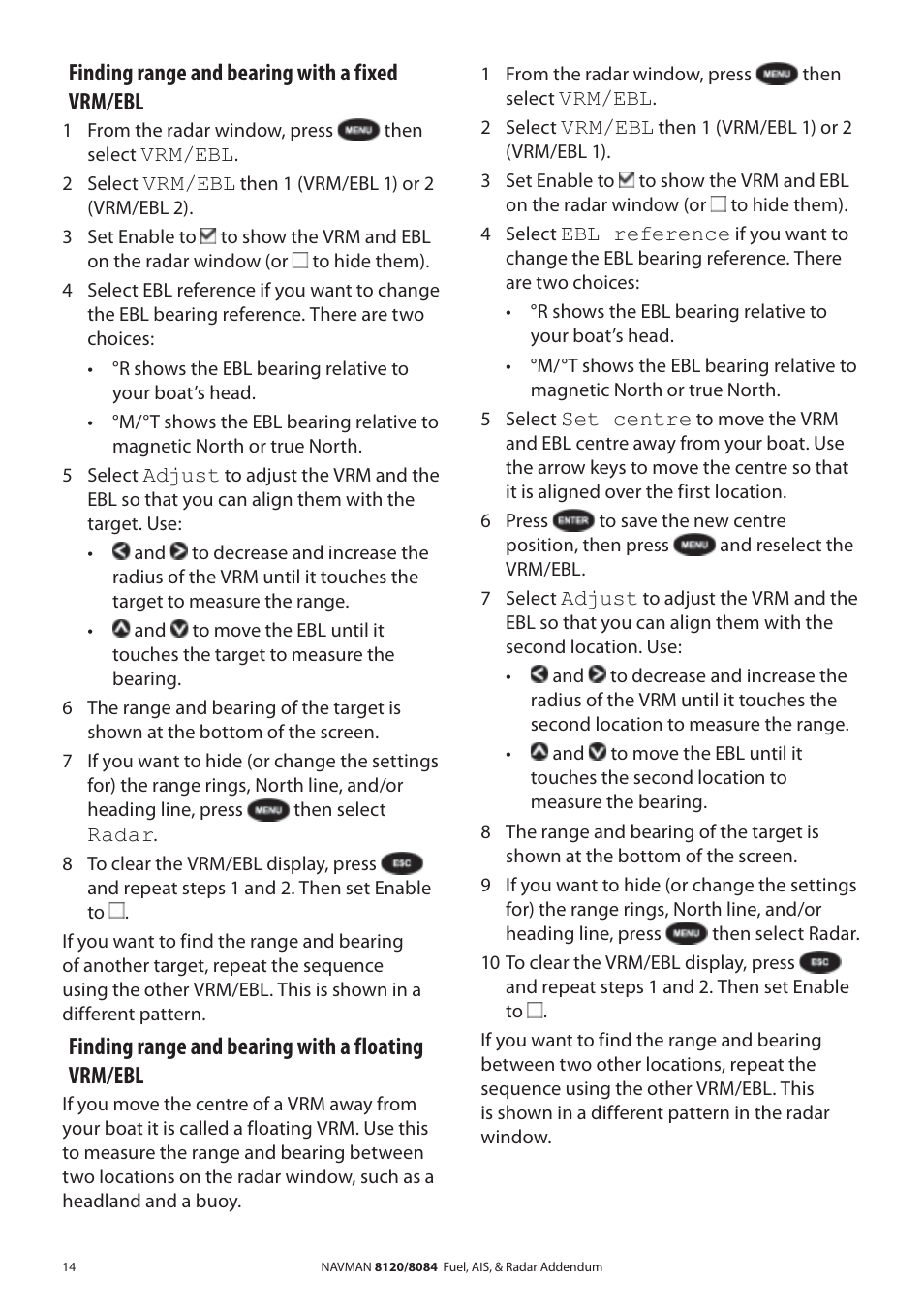 Finding range and bearing with a fixed vrm/ebl, Finding range and bearing with a floating vrm/ebl | Navman 8120 User Manual | Page 14 / 21