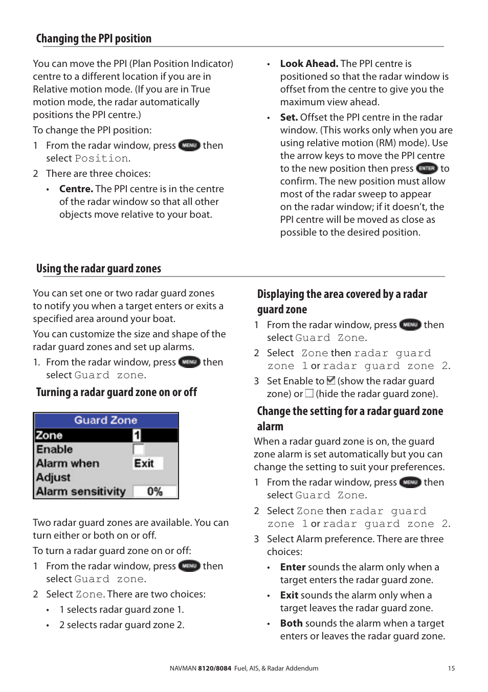 Changing the ppi position, Turning a radar guard zone on or off, Change the setting for a radar guard zone alarm | Navman 8120 User Manual | Page 15 / 21