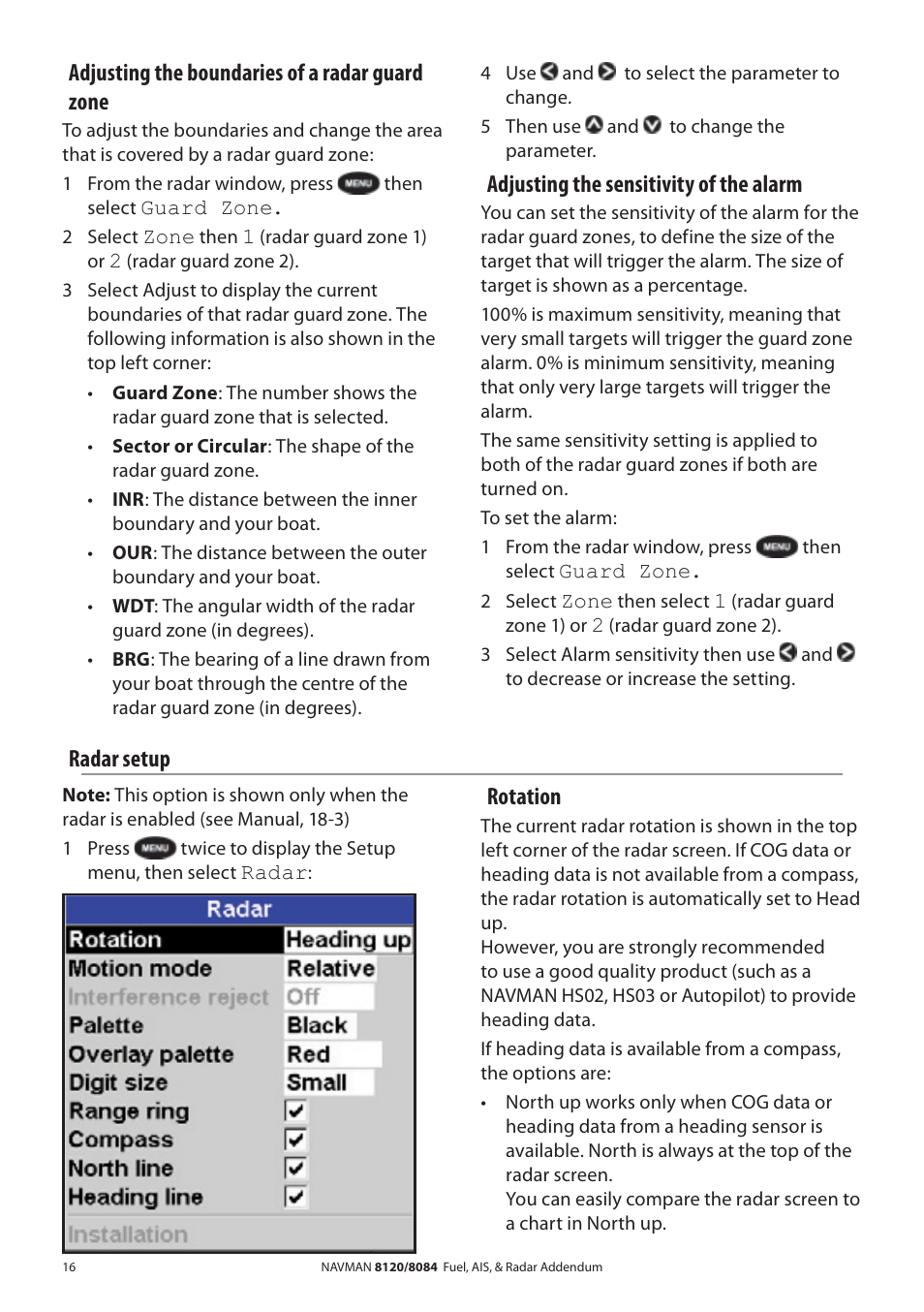 Adjusting the boundaries of a radar guard zone, Adjusting the sensitivity of the alarm, Radar setup | Rotation | Navman 8120 User Manual | Page 16 / 21