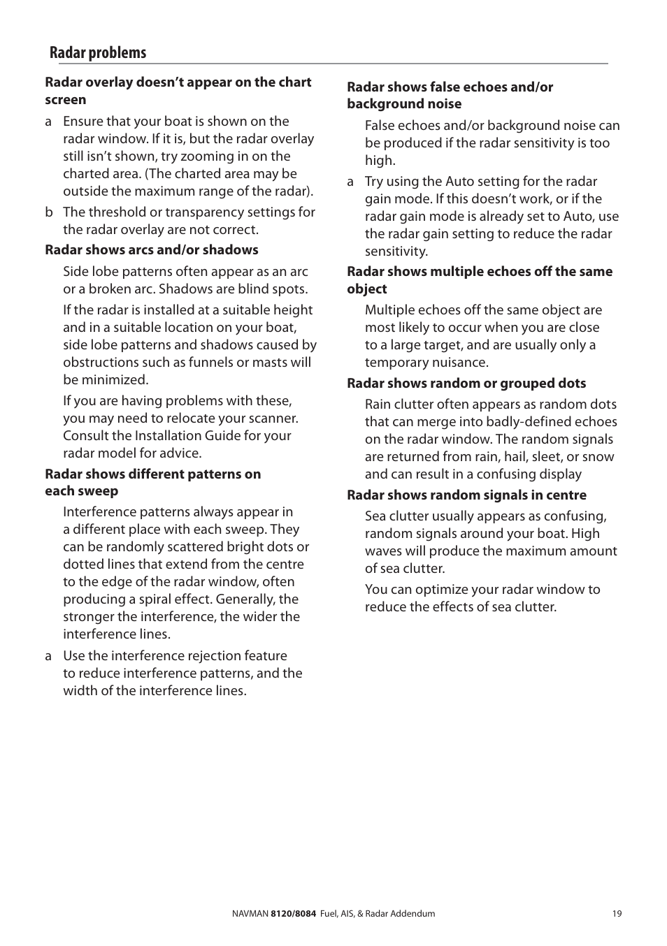 Radar problems | Navman 8120 User Manual | Page 19 / 21