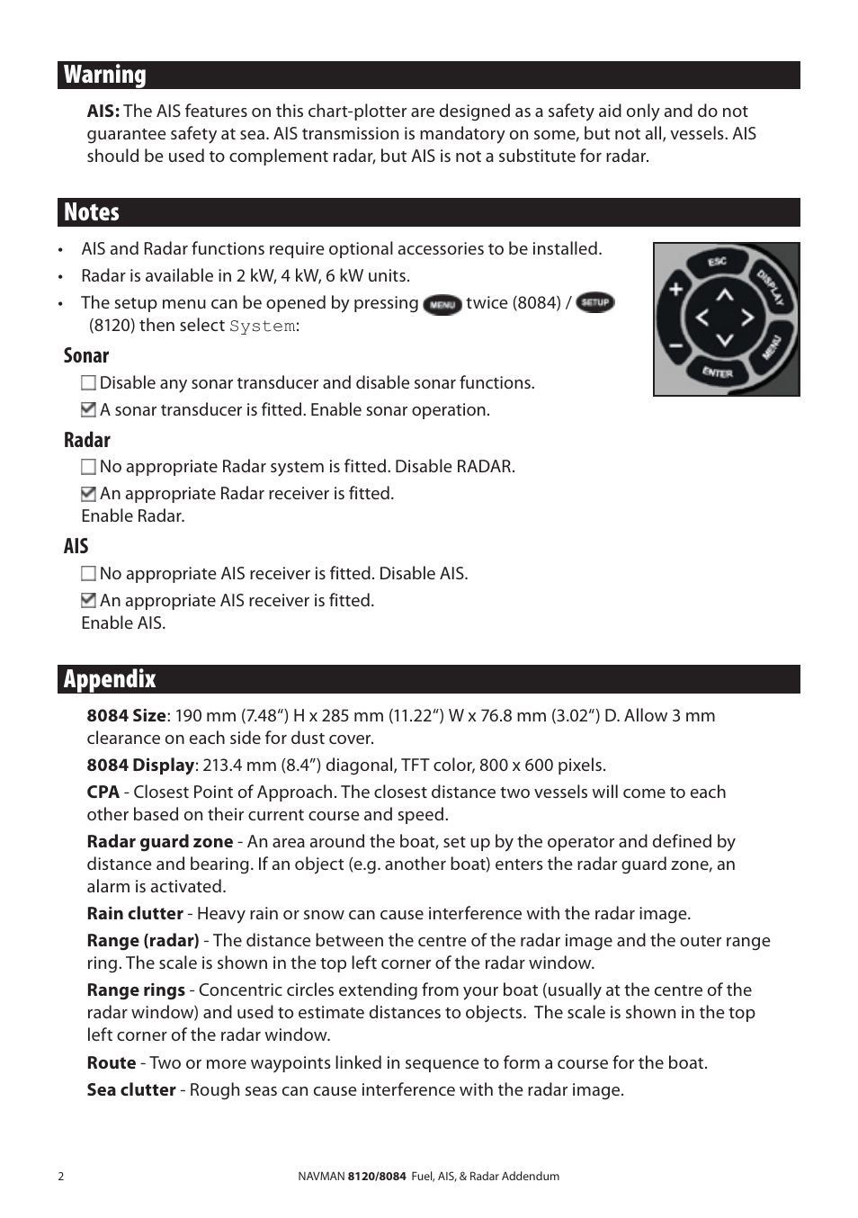 Warning, Appendix | Navman 8120 User Manual | Page 2 / 21