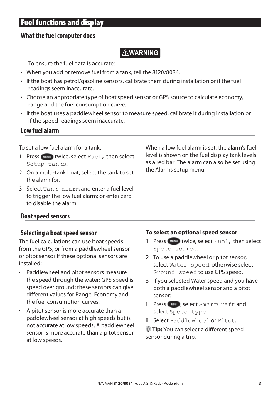 Fuel functions and display, What the fuel computer does, Low fuel alarm | Boat speed sensors selecting a boat speed sensor | Navman 8120 User Manual | Page 3 / 21