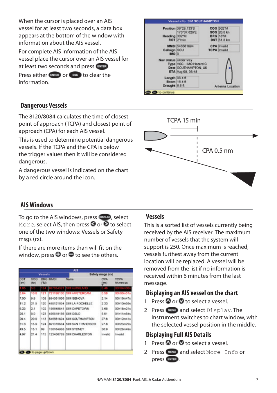 Dangerous vessels, Ais windows, Vessels | Displaying an ais vessel on the chart, Displaying full ais details | Navman 8120 User Manual | Page 7 / 21