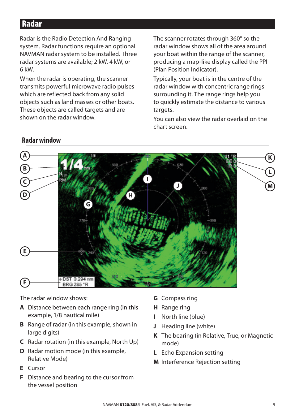 Radar, Radar window | Navman 8120 User Manual | Page 9 / 21