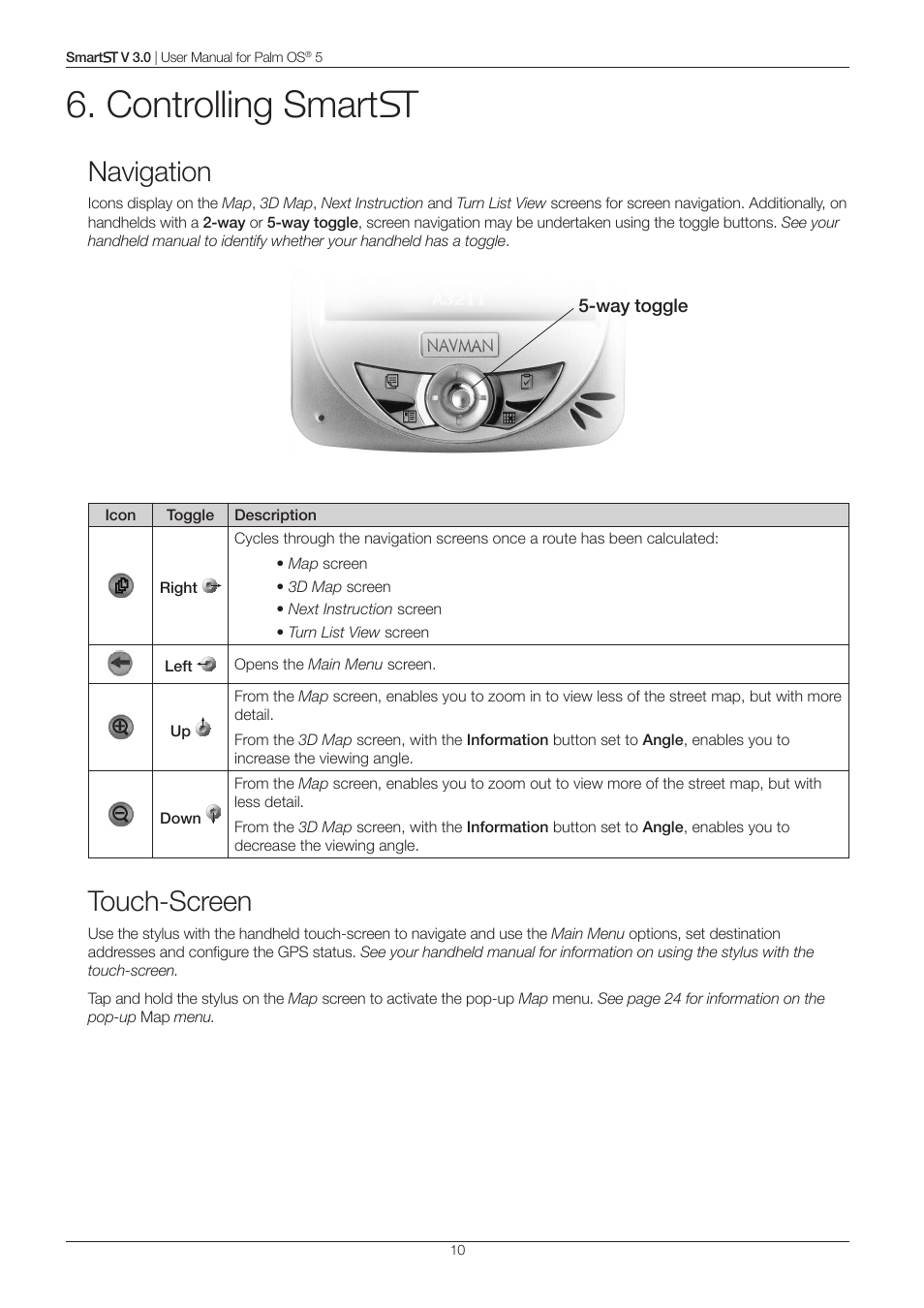 Controlling smart, Navigation, Touch-screen | Navman Smart V3 User Manual | Page 10 / 53