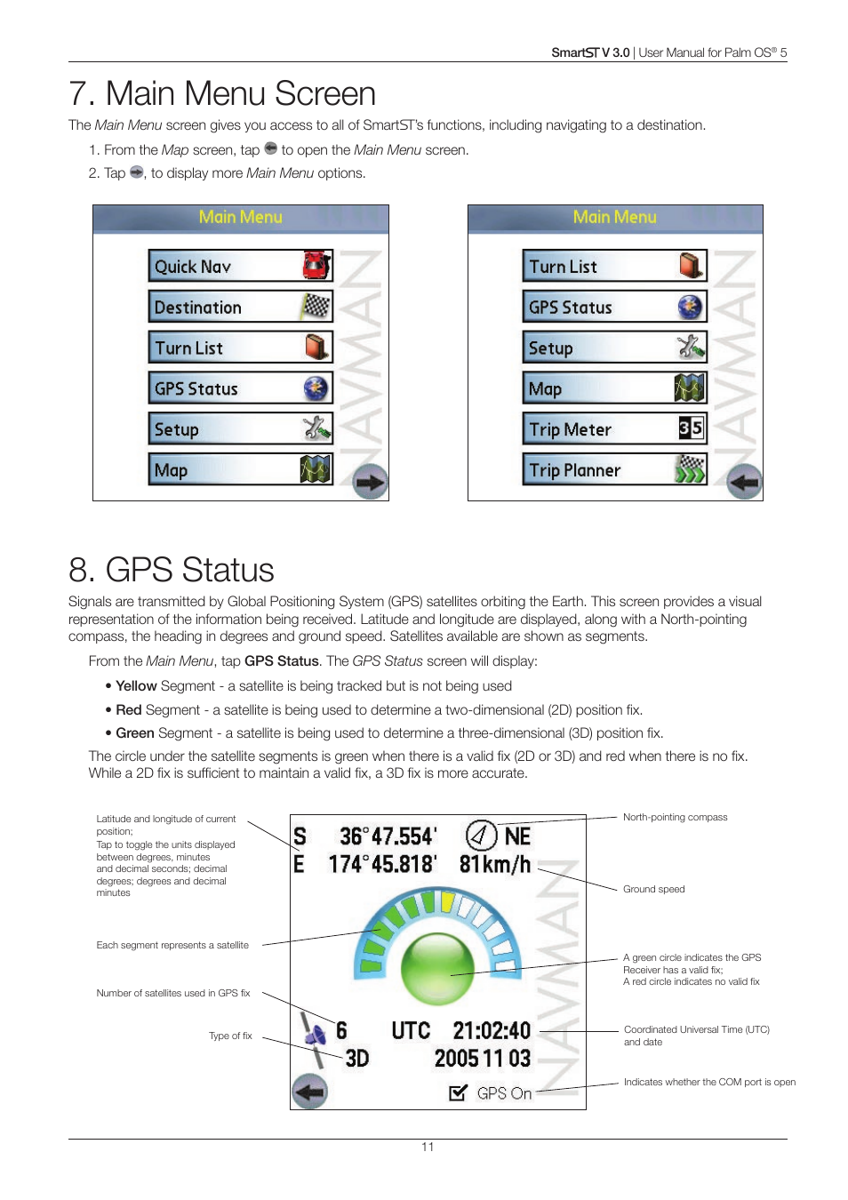 Main menu screen, Gps status | Navman Smart V3 User Manual | Page 11 / 53