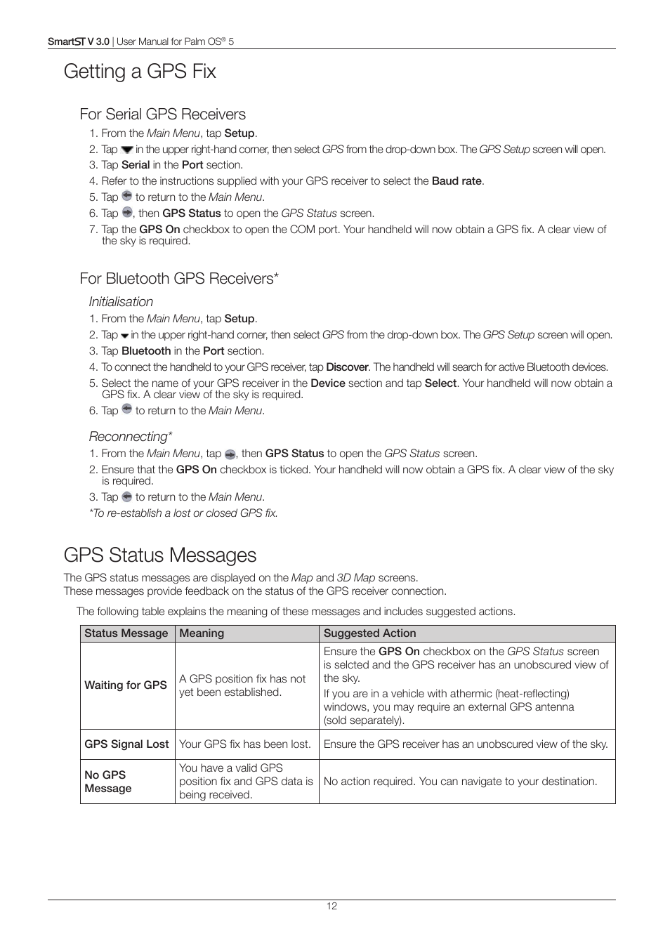 Getting a gps fix, Gps status messages, For serial gps receivers | For bluetooth gps receivers | Navman Smart V3 User Manual | Page 12 / 53