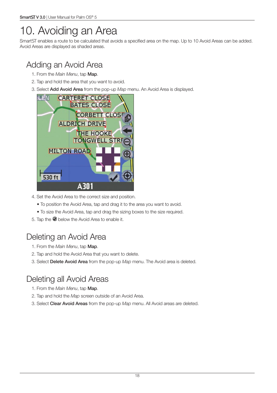 Avoiding an area, Adding an avoid area, Deleting an avoid area | Deleting all avoid areas | Navman Smart V3 User Manual | Page 18 / 53
