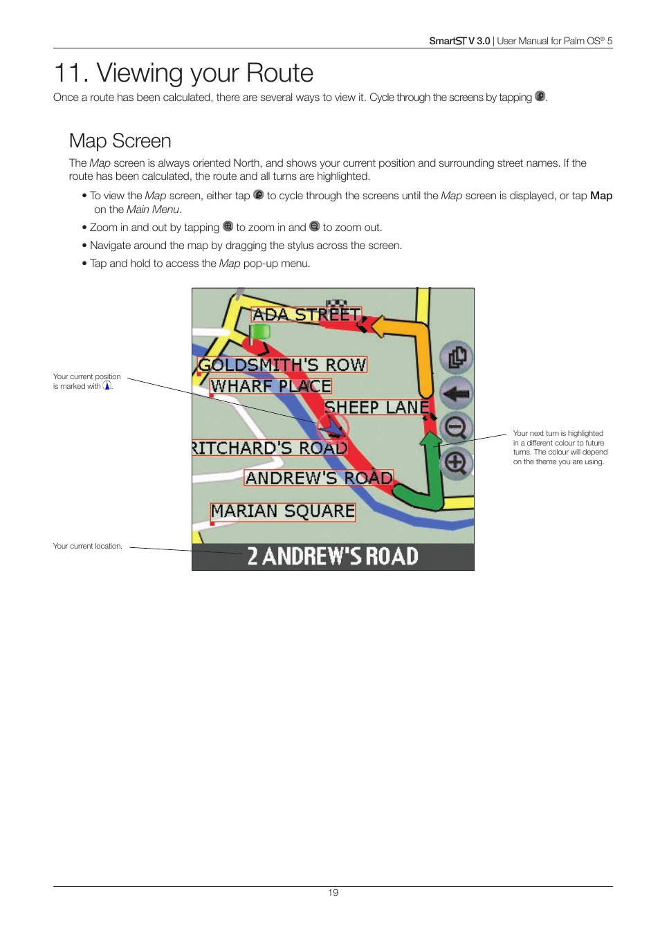 Viewing your route, Map screen | Navman Smart V3 User Manual | Page 19 / 53