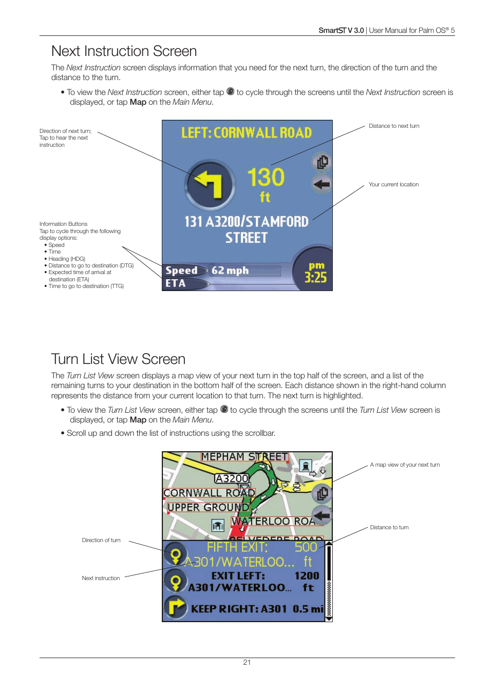 Next instruction screen, Turn list view screen | Navman Smart V3 User Manual | Page 21 / 53