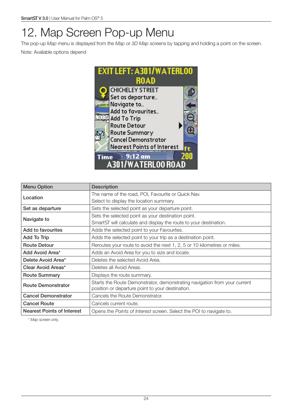 Map screen pop-up menu | Navman Smart V3 User Manual | Page 24 / 53