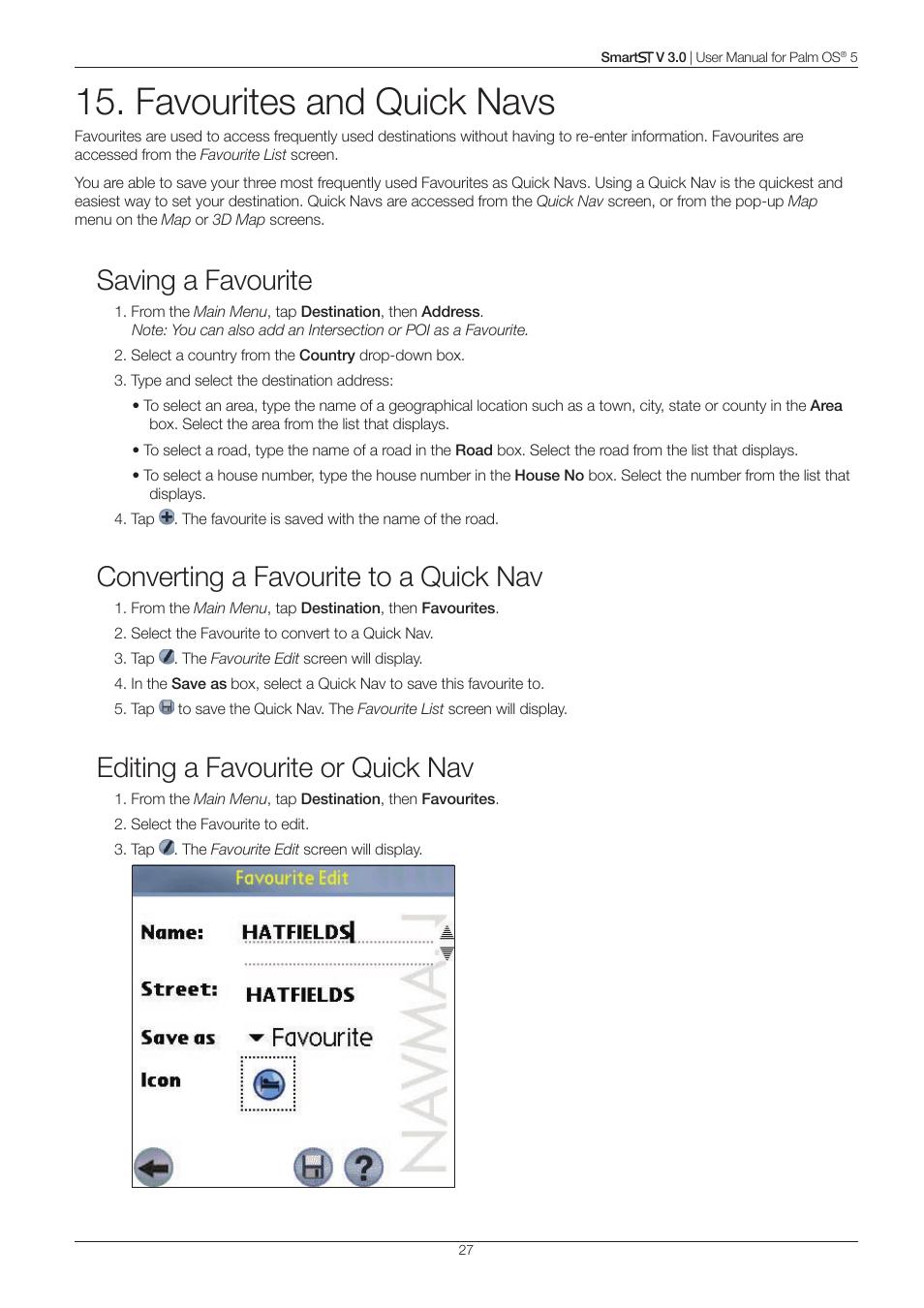 Favourites and quick navs, Saving a favourite, Converting a favourite to a quick nav | Editing a favourite or quick nav | Navman Smart V3 User Manual | Page 27 / 53