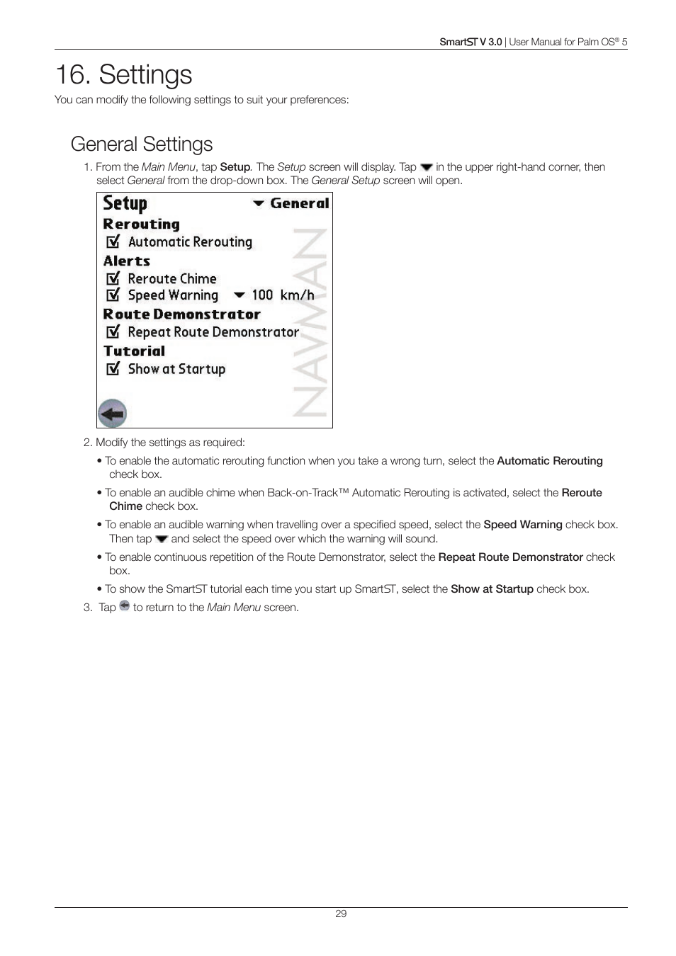 Settings, General settings | Navman Smart V3 User Manual | Page 29 / 53