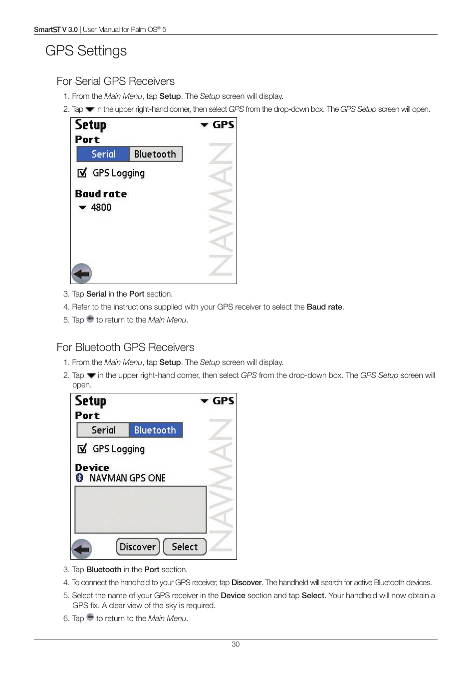 Gps settings, For serial gps receivers, For bluetooth gps receivers | Navman Smart V3 User Manual | Page 30 / 53