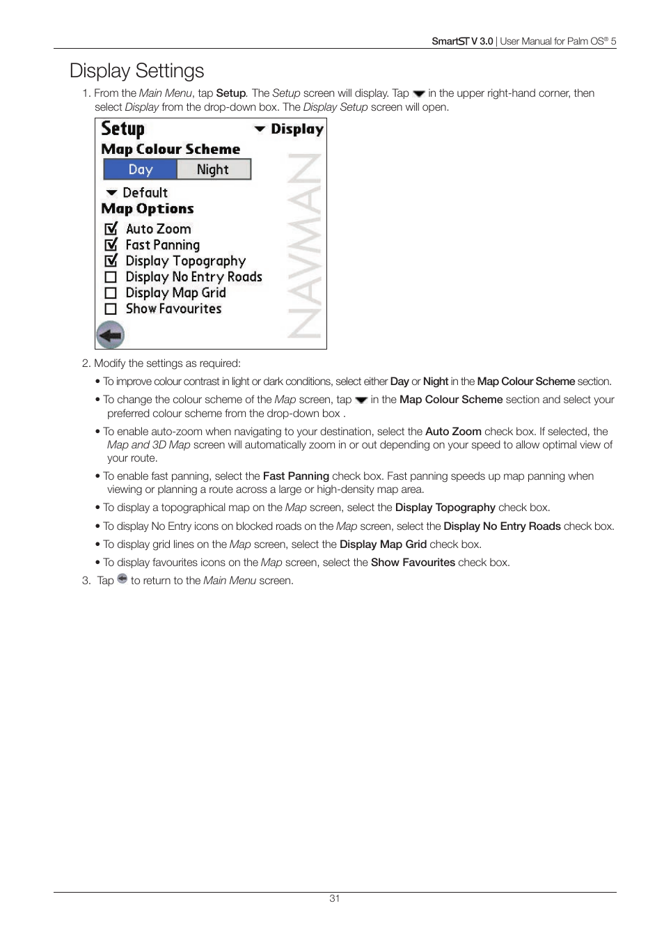Display settings | Navman Smart V3 User Manual | Page 31 / 53