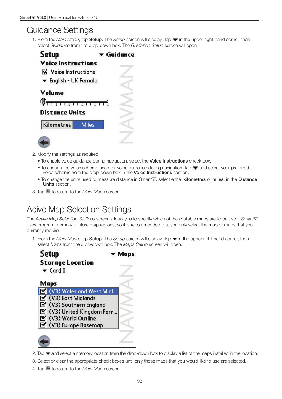 Guidance settings, Acive map selection settings | Navman Smart V3 User Manual | Page 32 / 53