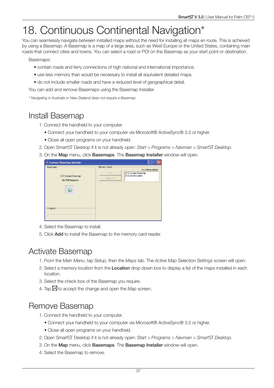 Continuous continental navigation, Install basemap, Activate basemap | Remove basemap | Navman Smart V3 User Manual | Page 37 / 53
