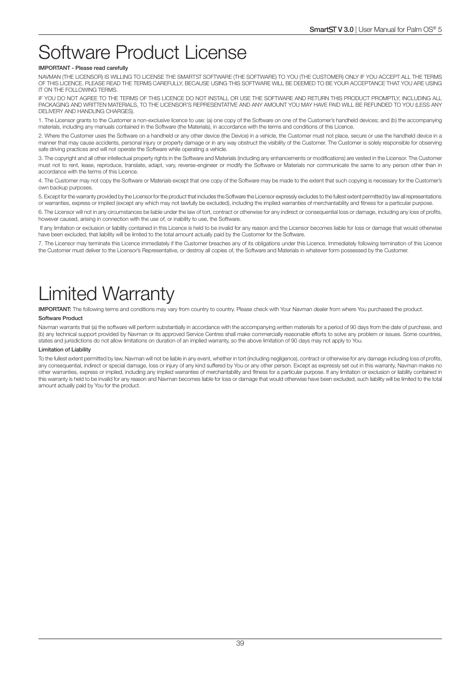 Software product license, Limited warranty | Navman Smart V3 User Manual | Page 39 / 53