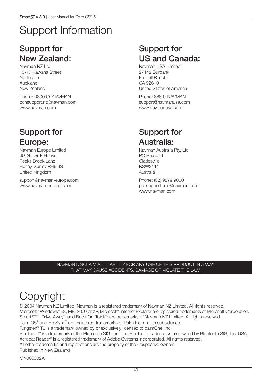 Copyright, Support information, Support for new zealand | Support for europe, Support for us and canada, Support for australia | Navman Smart V3 User Manual | Page 40 / 53
