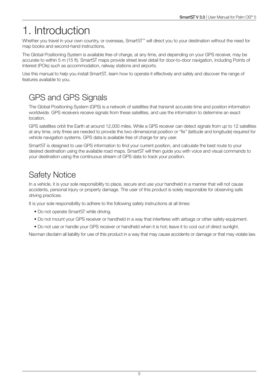 Introduction, Gps and gps signals, Safety notice | Navman Smart V3 User Manual | Page 5 / 53