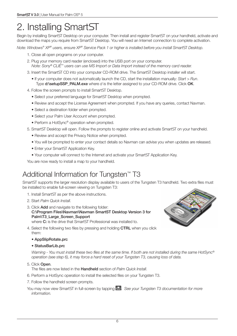 Installing smart, Additional information for tungsten | Navman Smart V3 User Manual | Page 6 / 53