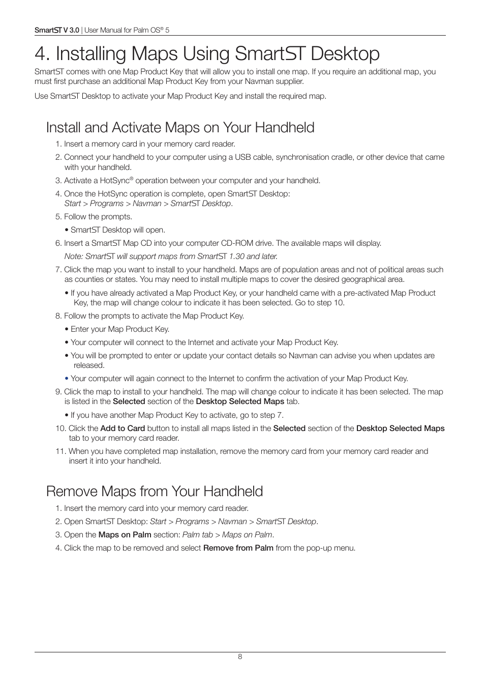 Installing maps using smart desktop, Install and activate maps on your handheld, Remove maps from your handheld | Navman Smart V3 User Manual | Page 8 / 53